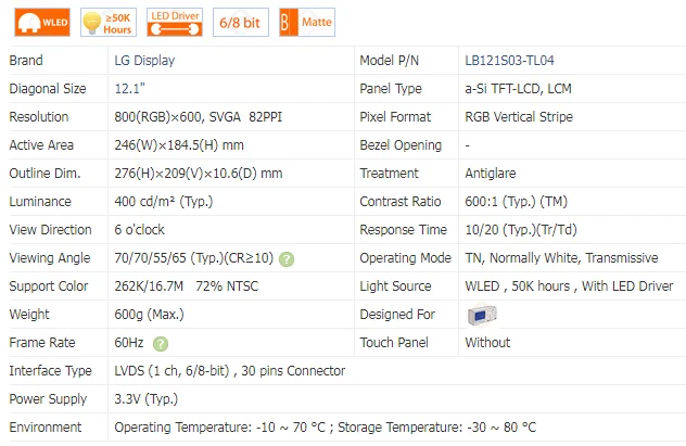 LB121S03-TL04 LCD ��ũ��, 12.1 ��ġ, 800X600