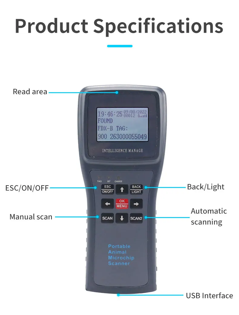 OLED Pet Microchip Scanner 134.2kHz