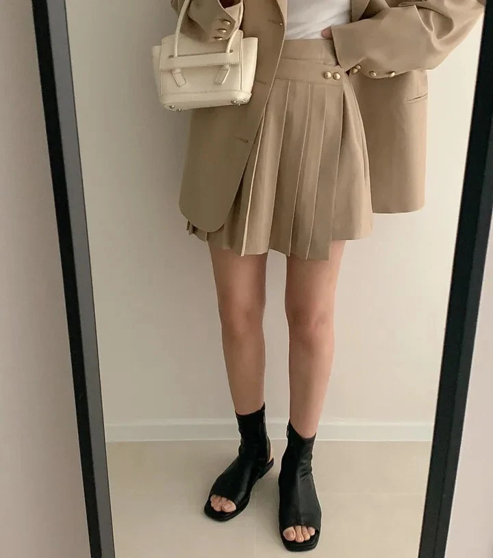 Korean Chic Two-piece Skirt Set Women Single Breasted Blazer Loose Jacket Solid Pleated Mini Skirt Autumn Office Lady Outfits