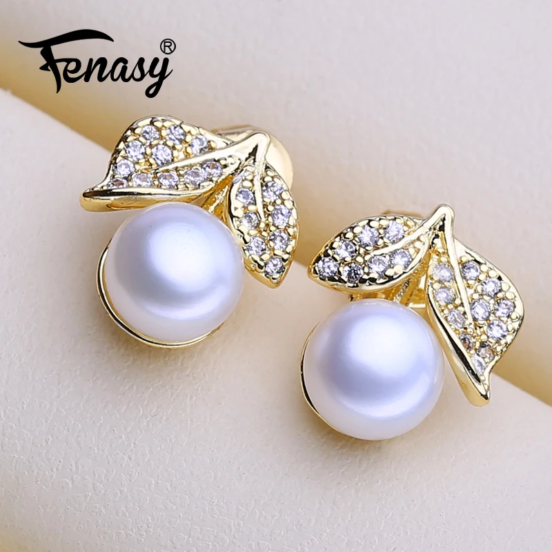 FENASY Natural Freshwater Pearl Earrings Bohemian Party Gold Color Leaf Stud Earrings Wedding Engagement Jewelry