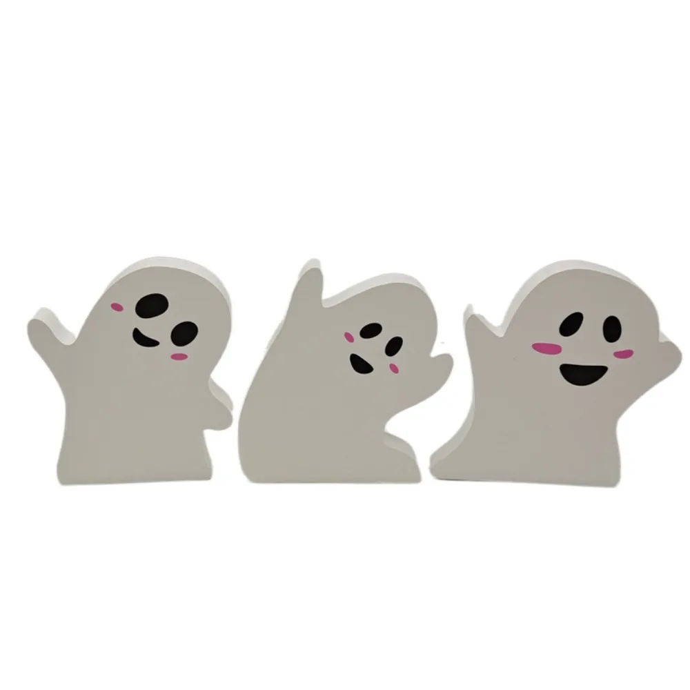 

3Pcs Rustic Trick or Treat Candy Sign Blocks Wooden Cute White Ghost Craft Decoration 3 Different Designs Halloween Theme