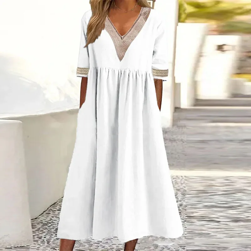 

Women V Neck Patchwork Design Loose Beach Party Dress White Casual Long Dress Summer A Line Cotton Maxi Dresses Office Dress