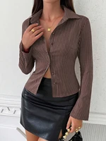Chemise à manches longues pour femmes, rayée, Slim, boutonnée, travail, déplacements, haut court, Streetwear, automne/hiver 5