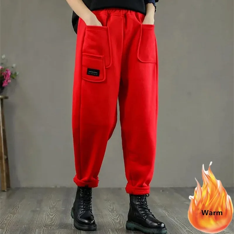 

Boyfriend Baggy Spodnie Casual Thicken Plush Jogger Sweatpants High Waist Fall Winter Pants Women Velvet Lined Harem Pantalones