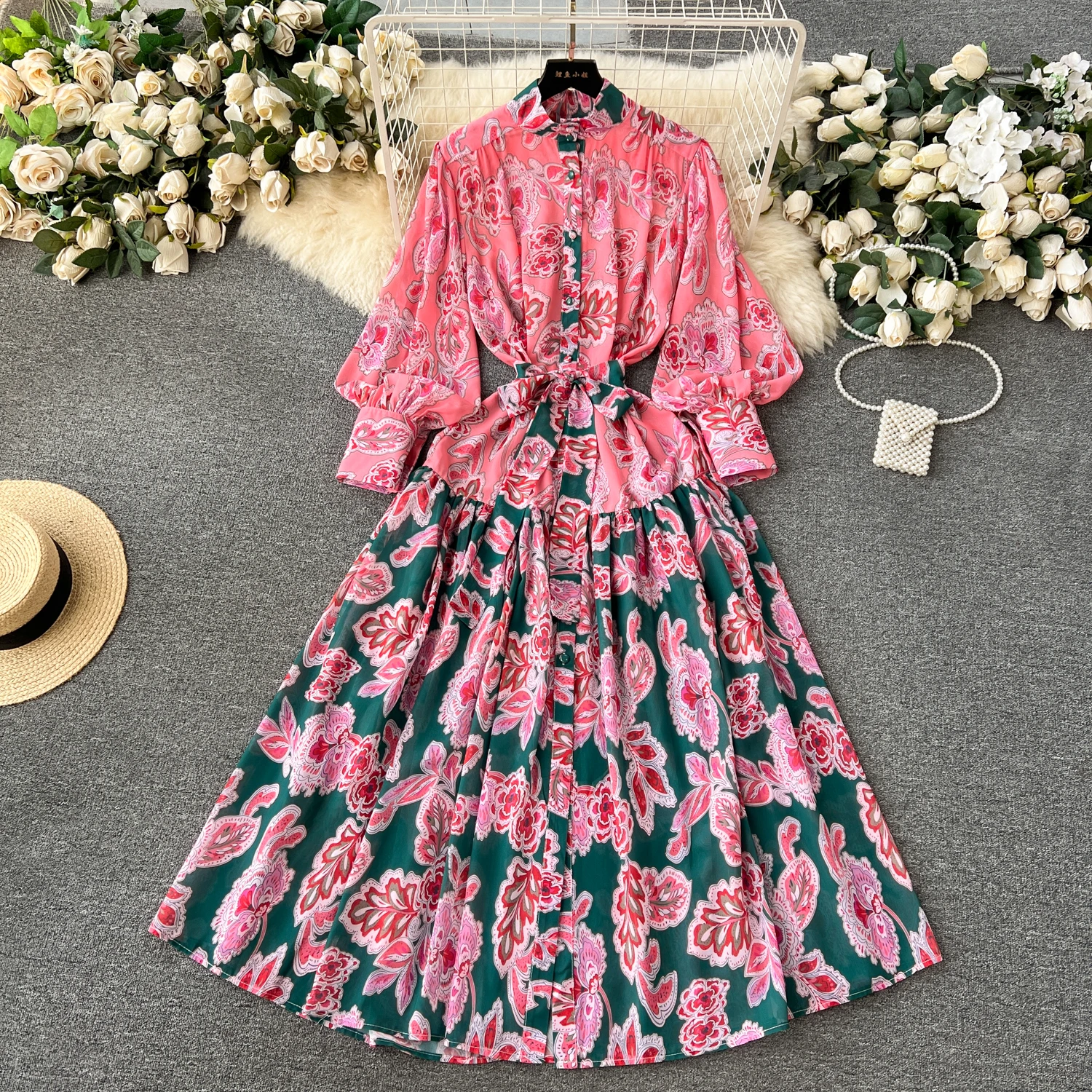 

MSHARBOR Palace Style Spring Floral Dress 2024 New Standing Collar Breasted Slim-Fit Design Sense Puffy Sleeve Maxi Printed Dres