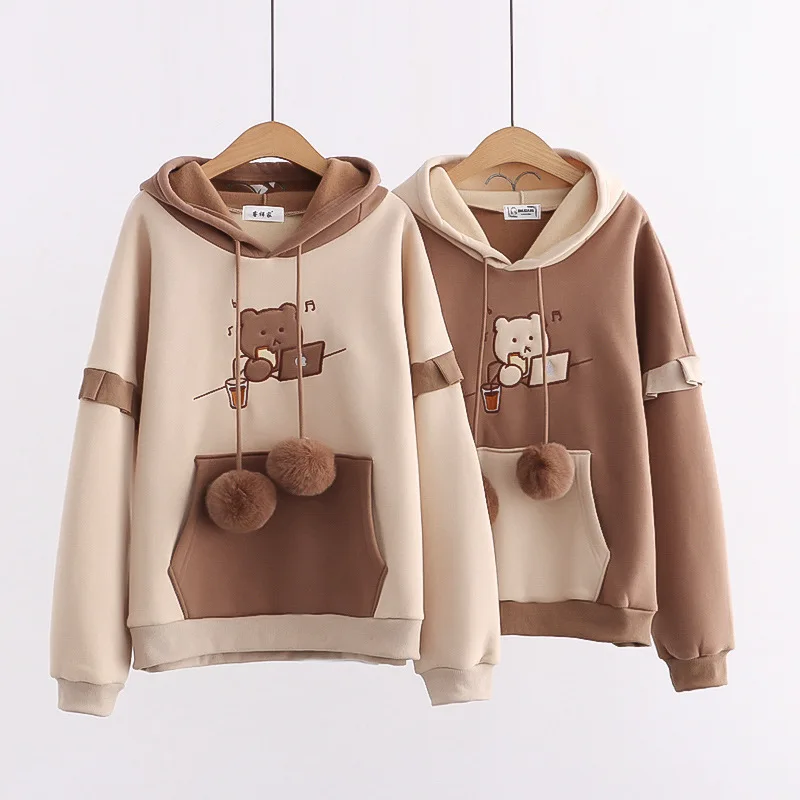 

Hoodies Women's New Academy Style Cute Embroidered Plush Sweatshirt Loose And Sweet Girls Colored Long Sleeve Hoodie 패션 맨투맨
