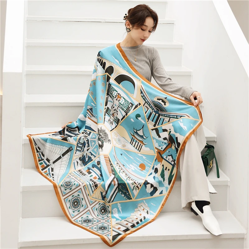 

Print Large Square Silk Scarf Women Beach Shawl New Foulard Designer Scarves Female Headbands Hijab Lady Bufanda Bandana 2023