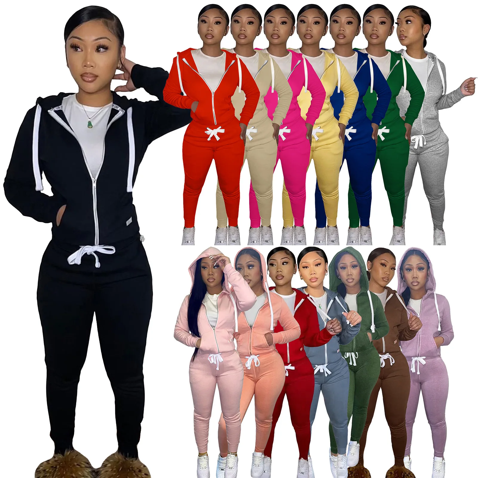 Women Tracksuit Outfits Fall Winter Fashion Sweatpants And Hoodie Set Cotton Thick Fleece Ladies Sweatsuit Two Piece Jogger Set summer 2 piece shorts set men outfits casual zip polo tracksuit men sweat suit fashion sweatsuit set roupa ensembles pour hommes