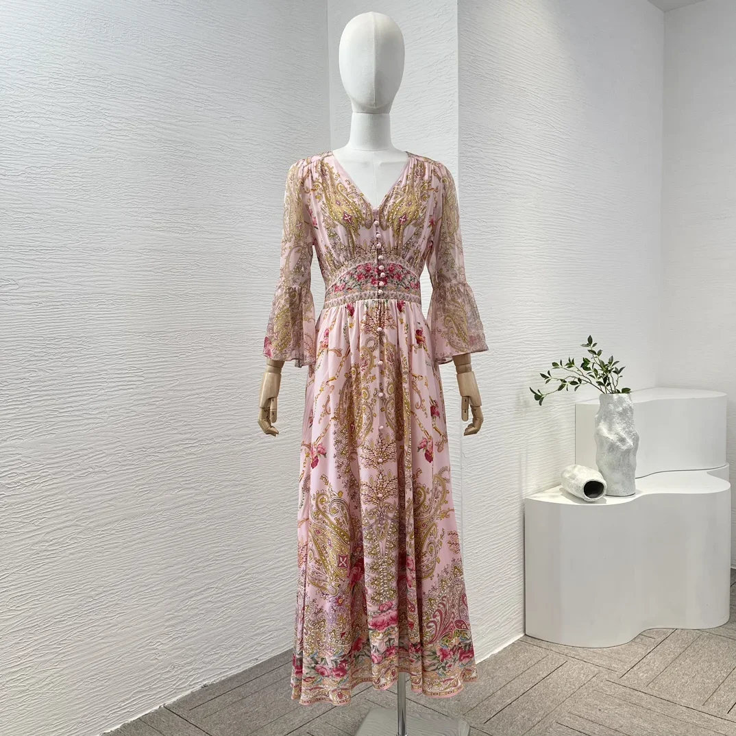 

New Collection Pink Floral Print Long Sleeve V-neck Oversize Pullover Stretchable Waist At Back Women Silk Midi Dress