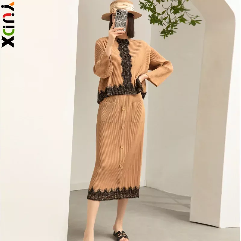 

Плиссированная Высококачественная женская зимняя одежда YUDX Miyake, полный комплект из французского кружевного верха и юбки, комплект из двух предметов