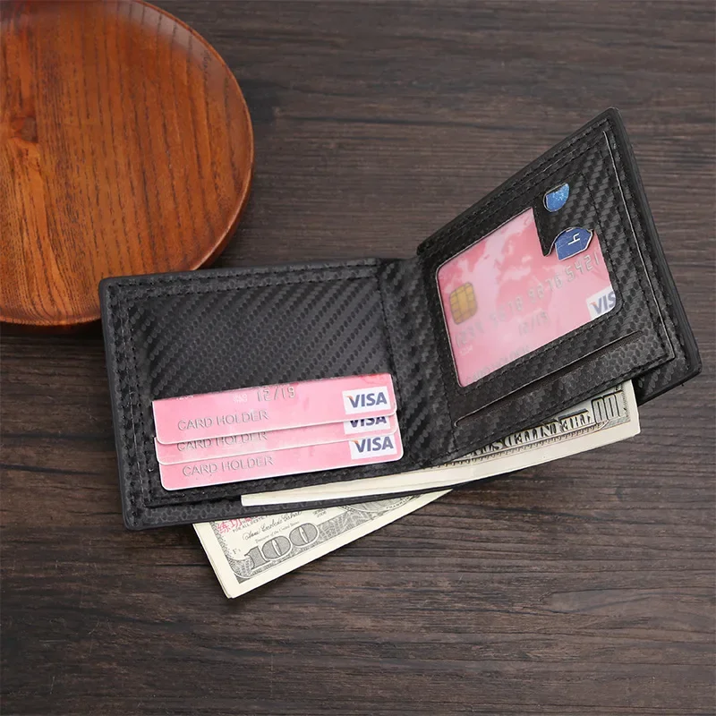Carbon Fiber Pattern Men's Short Wallet Large Capacity Money Clip Minimalist Slim Bifold Multi Card Holder Purses With ID Window 3