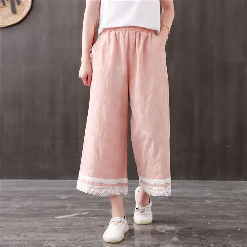 Women's Spring Autumn High Waist Pocket Cotton Linen Wide Leg Loose Retro Spliced Lace Hook Flower Hollow All-match Casual Pants