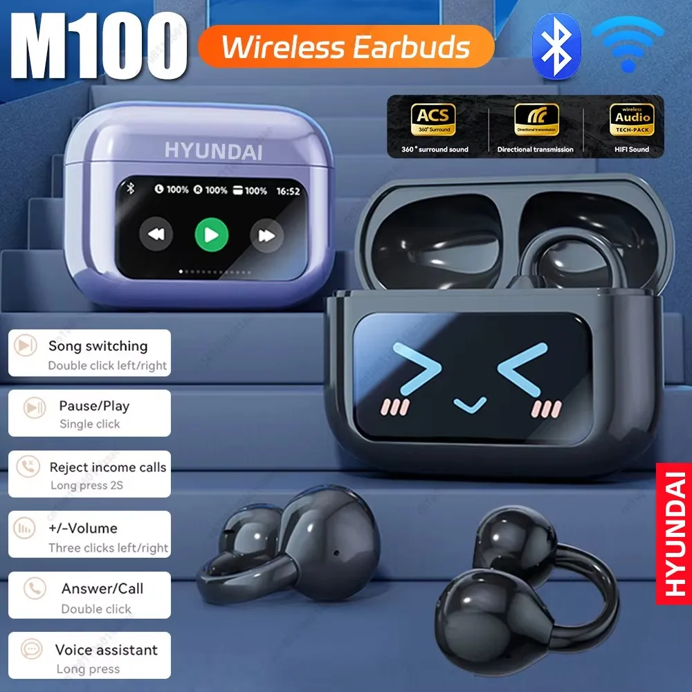 thumbnail image 2 of HYUNDAI M100 Open Ear Clip Earbuds ENC Wireless Bluetooth 5.4 Headphone Noise Cancelling Waterproof Earphone With Mic For Sports 2 of 11