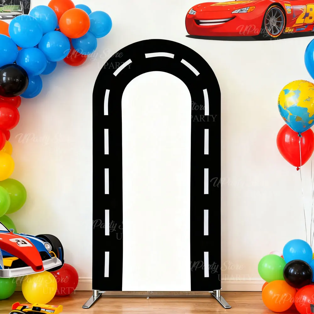 Race Car Party Backdrop Decorations Spandex Black White Checkered Racing Track Stand Arch Cover for Birthday Two Fast One Decor