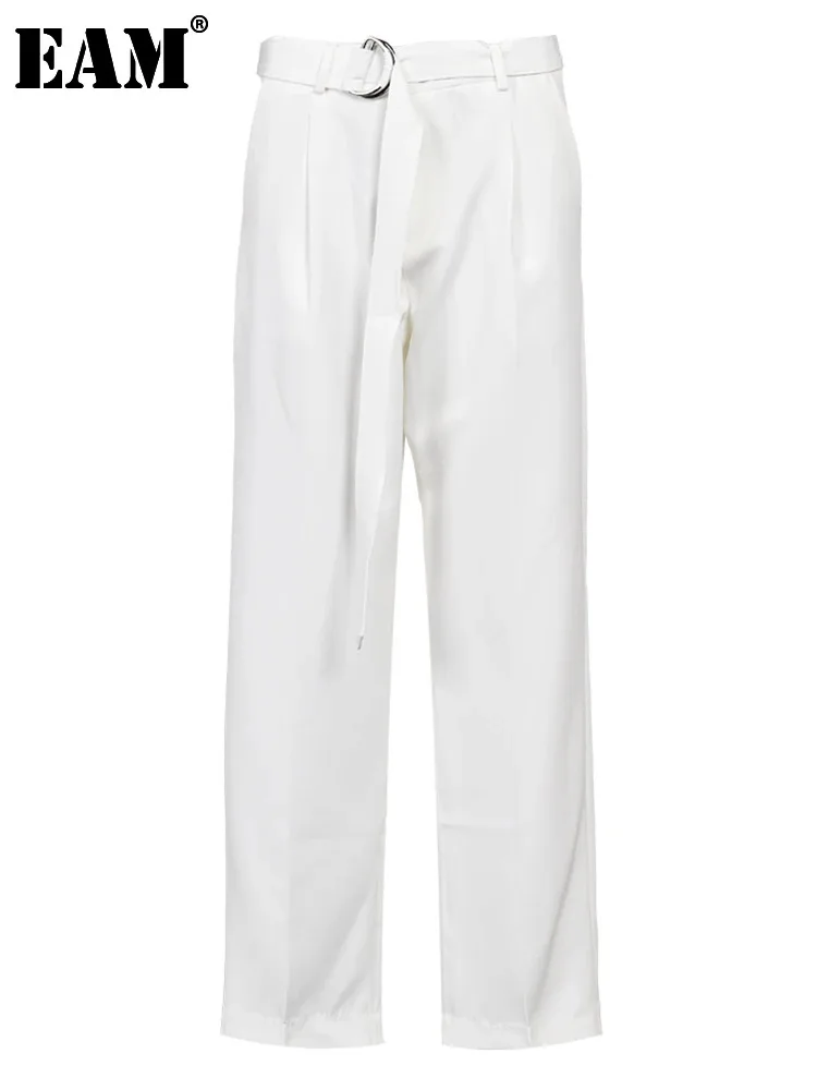 

[EAM] High Waist White Buckle Belt Casual Wide Leg Pants New Loose Fit Trousers Women Fashion Tide Spring Autumn 2024 1DF9790