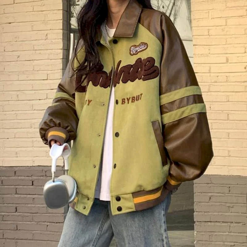 thumbnail image 1 of Chaquetas para mujer, estilo coreano, chaquetas de béisbol holgadas, sudaderas con capucha de retazos de cuero, cárdigans, abrigos vintage de manga larga, blusas para mujer, 1 of 5