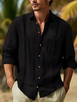 Camicia da uomo in cotone e lino tinta unita di nuovo stile Primavera e autunno moda casual viaggio quotidiano all'aperto strada risvolto a maniche lunghe 1