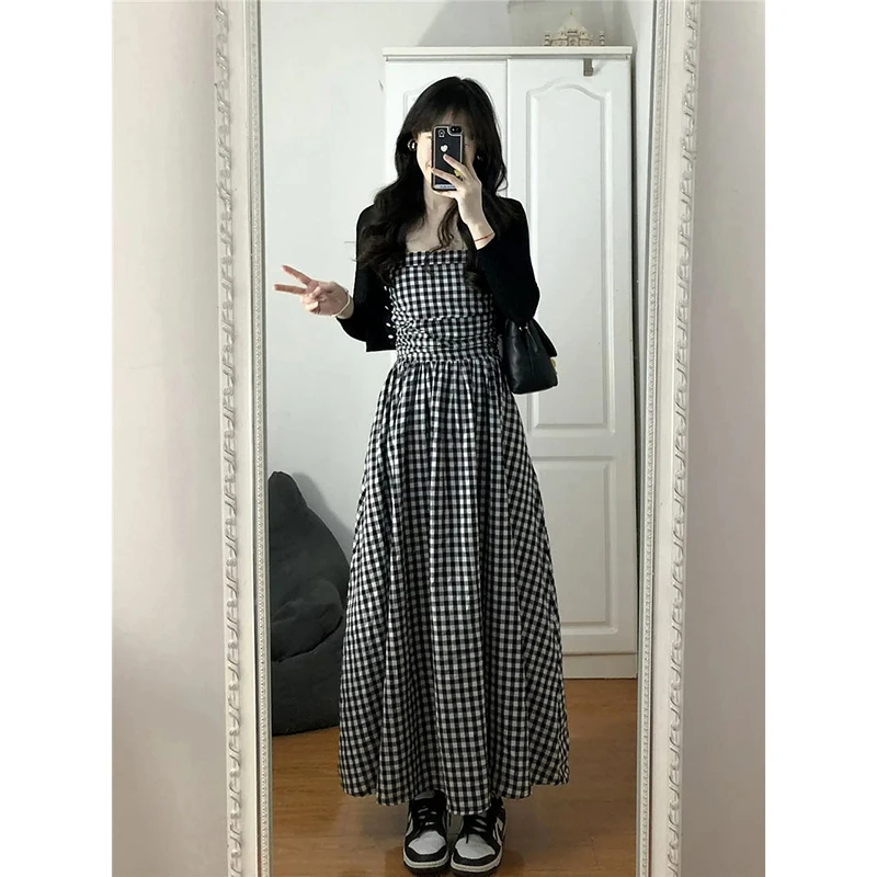 

Vintage Elegant Plaid Midi Dress Women 2023 Sleeveless French Sweet Party Dress Female Summer Holiday Casual Sexy Strap Dresses