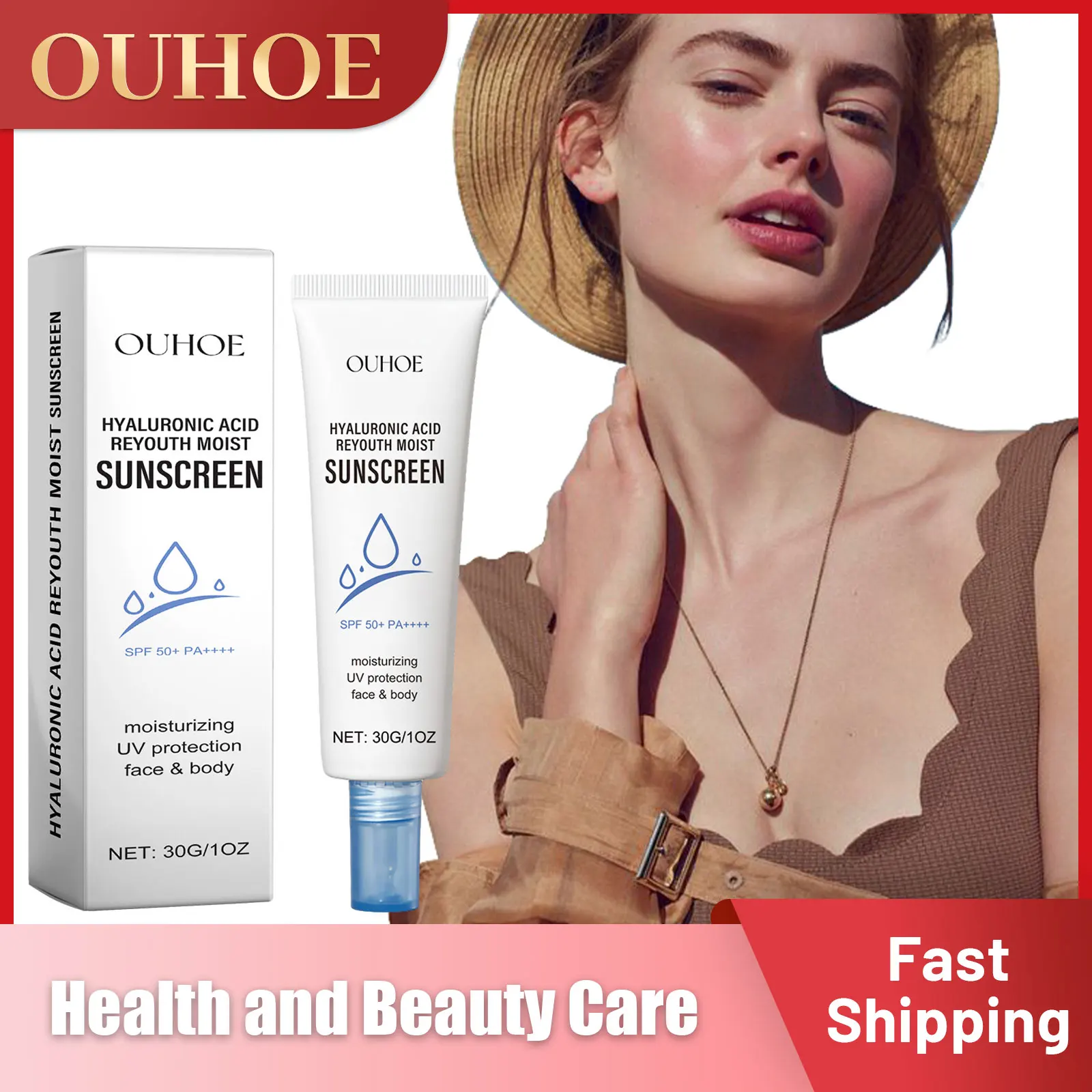 

OUHOE Hyaluronic Acid Sunscreen SPF50 UVA/UVB Protective Face Body Sunblock Waterproof Antioxidant Summer Outdoor Sun Isolation