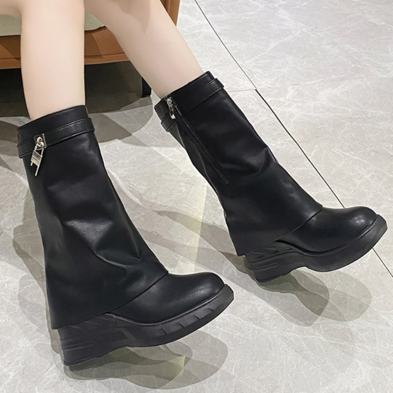 Shoes for Women 2023 Winter Pull on Mid Tube Women Boots Solid Color Round Toe Turned-over Edge Platform Water Proof Shoes Women