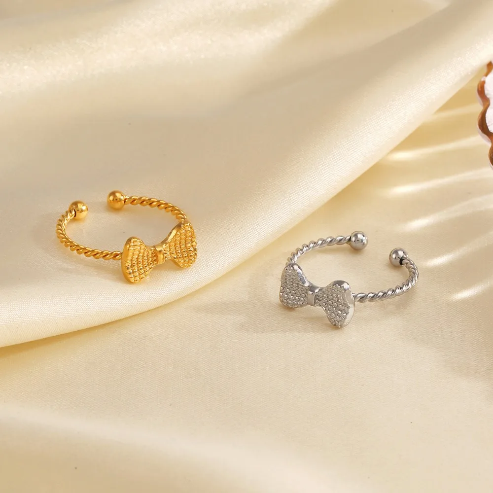 Gold Plated Ribbed Cute Mini Bowknot Rings Twist Circle Opening Adjustable Stainless Steel Bow Knot Party Accessories Jewelry