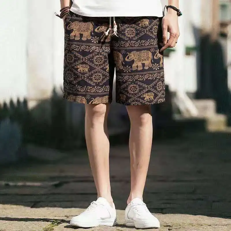 thumbnail image 1 of Pantalones cortos de lino y algodón para hombre, nuevos pantalones cortos elásticos con gráfico para hombre con cordón de hielo, estampado floral personalizado y elegante, 1 of 5