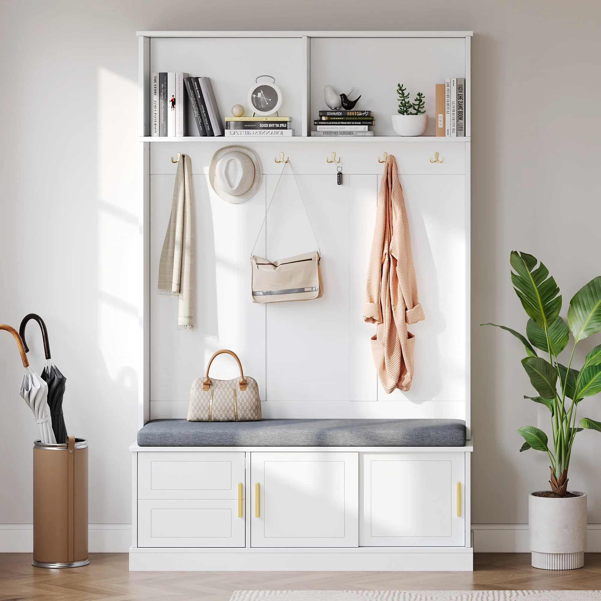 Freistehender Kleiderständer mit Schuhbank und 6 Dreifachhaken – platzsparend für den Flur, organisiert Mantel, Schuhe und Alltagsaccessoires – Detail 1