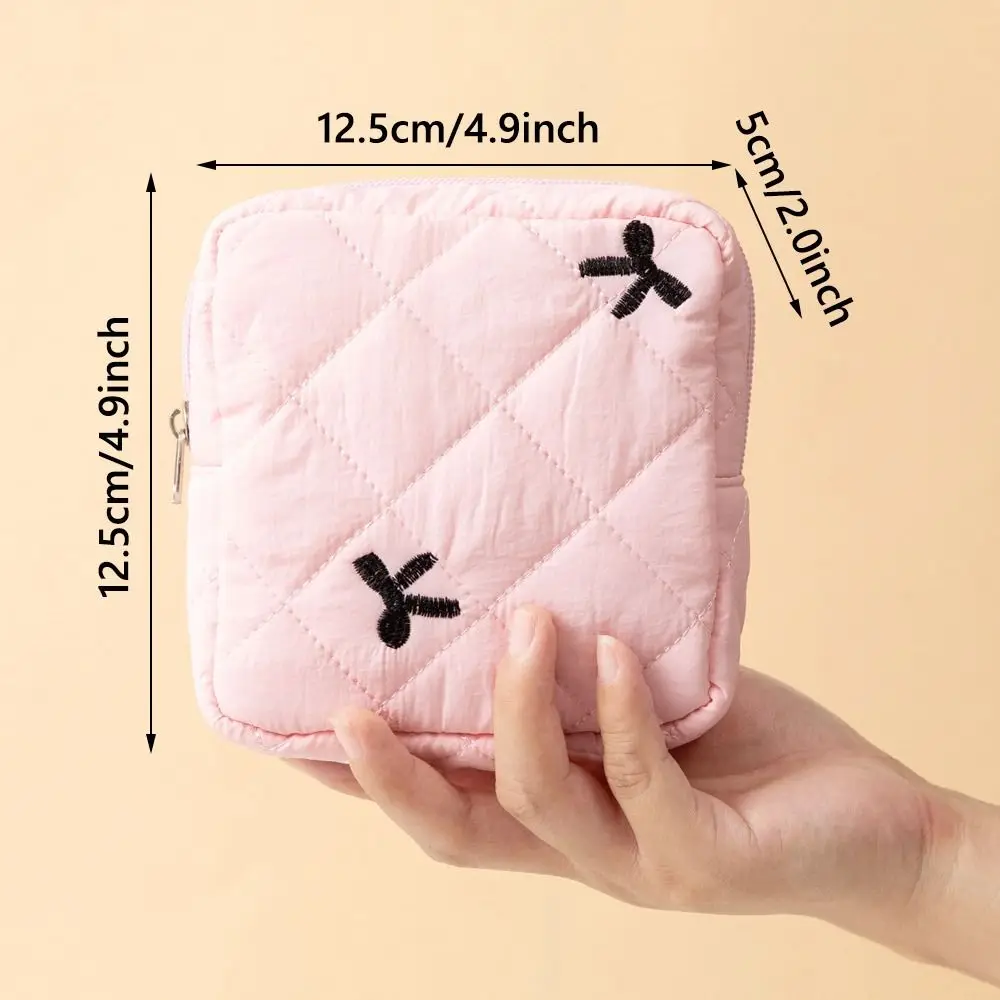 Bow Sanitary Napkin Organizer Bag Cute Makeup Bag Small Quilted Cosmetic Cotton Women's Keychain Earphone Coin Purse