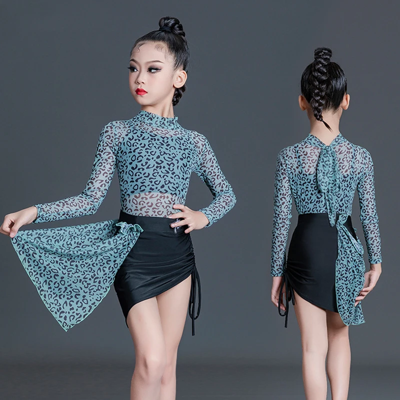 

Long Sleeved Latin Dance Clothes Leopard Latin Top Black Skirt Girls Latin Dance Costume Ballroom Dance Competition Wear SL7298