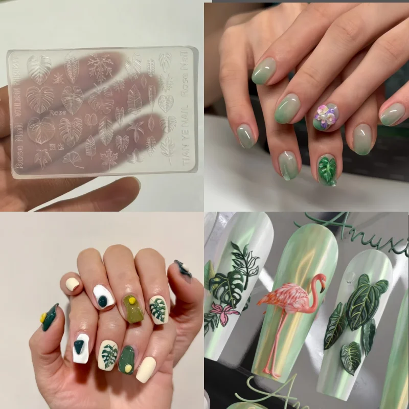 열대 숲 테마 네일 아트 몰드 3D 새 잎 디자인 투명 실리콘 몰드 네일 장