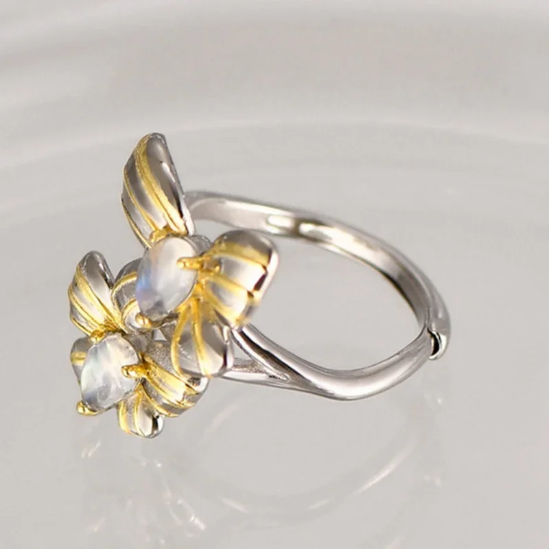 S925 Sterling Silver Rings For Women New Fashion Contrast Colored Flowers Inlaid Moonstone Simple Punk Jewelry Free Shipping