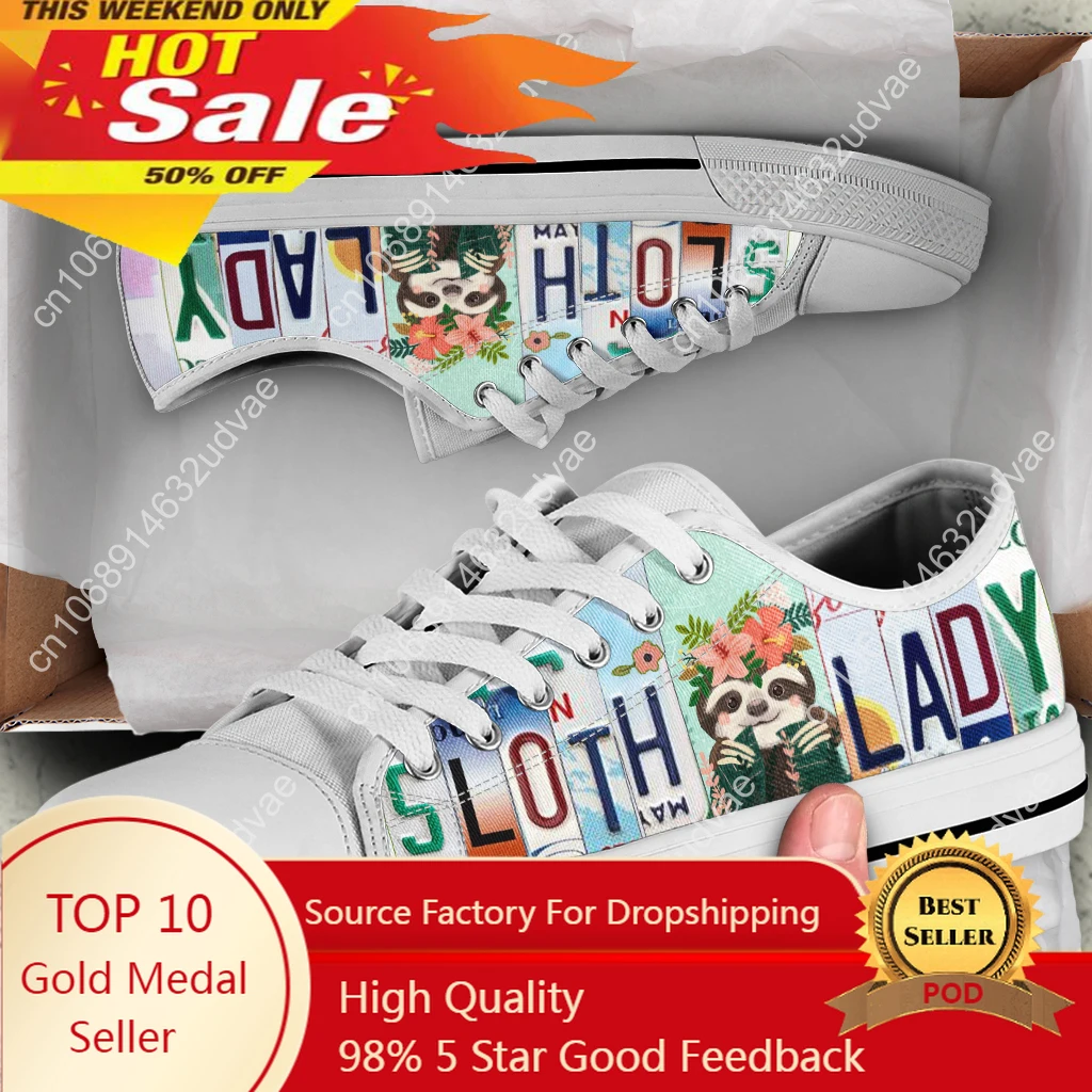 License Plate Sloth Lady Cute Women Canvas Shoes Low Top Vulcanized Sneakers Light Comfort Flats Plus Size 12 13