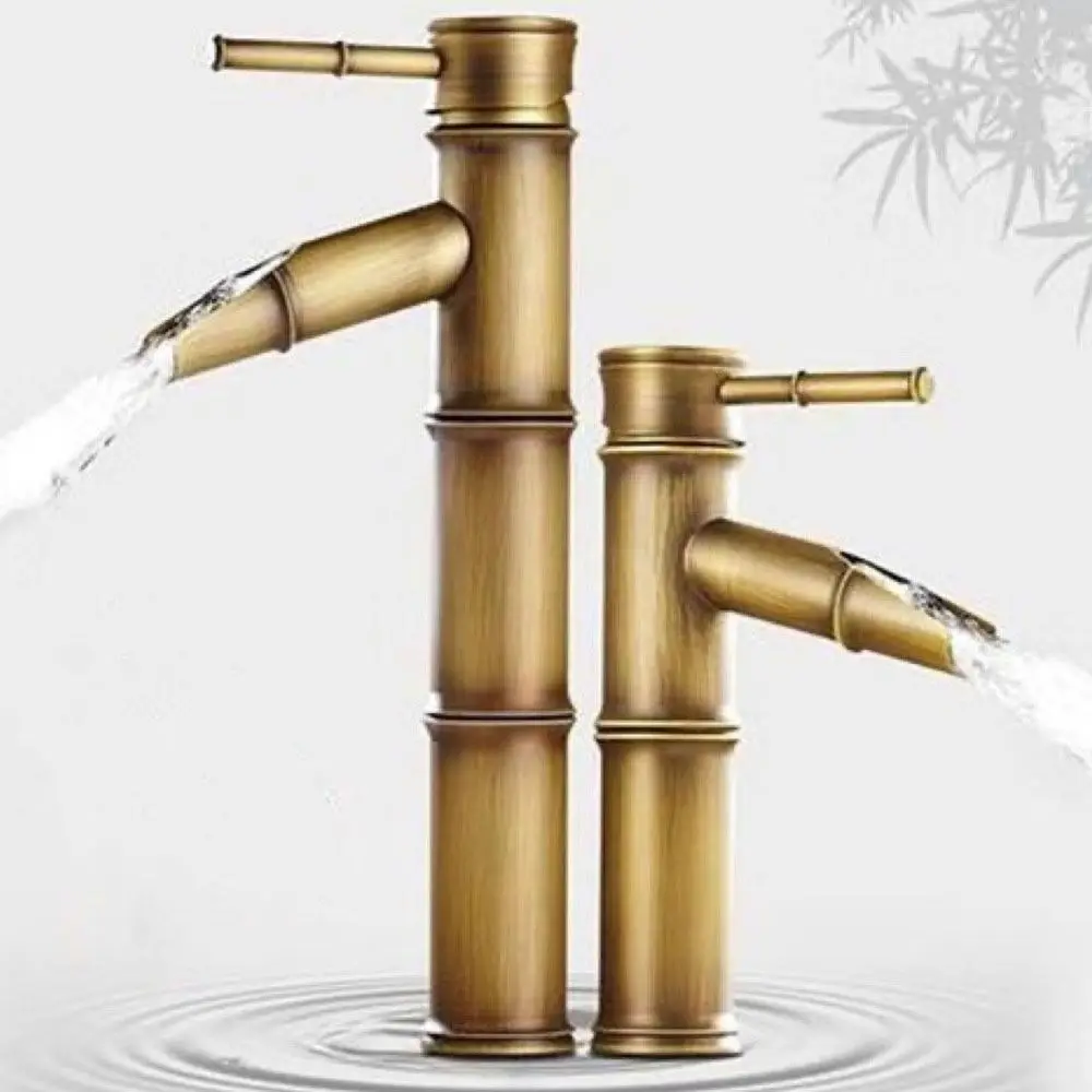 ก๊อกน้ำทรงไม้ไผ่ทองเหลือง ติดตั้งบนเคาน์เตอร์ ก๊อกน้ำอ่างล้างหน้าแบบก้านโยกเดี่ยว น้ำร้อนน้ำเย็น ก๊อกน้ำห้องน้ำป้องกันการกัดกร่อน 1