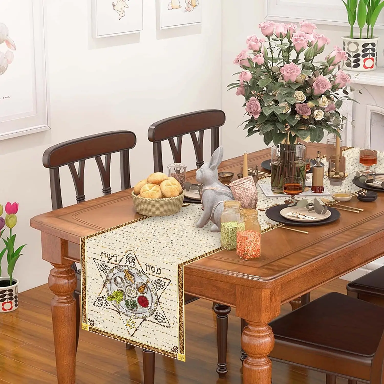 Happy Passover Linen Table Runner Jewish Passover Decorations Pesach Star Matzah Plate Table Runners Kitchen Dining Table Decor 2