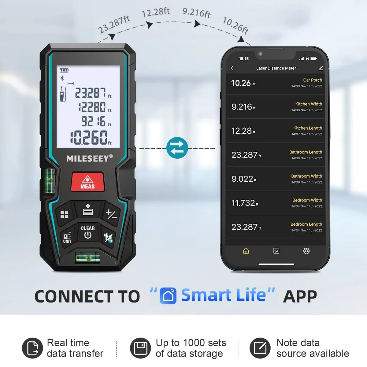 MILESEEY Laser Distance Meter D5T Bluetooth Laser Tape Measure Smart Tape measure with APP can Hand-drawn Plan on APP