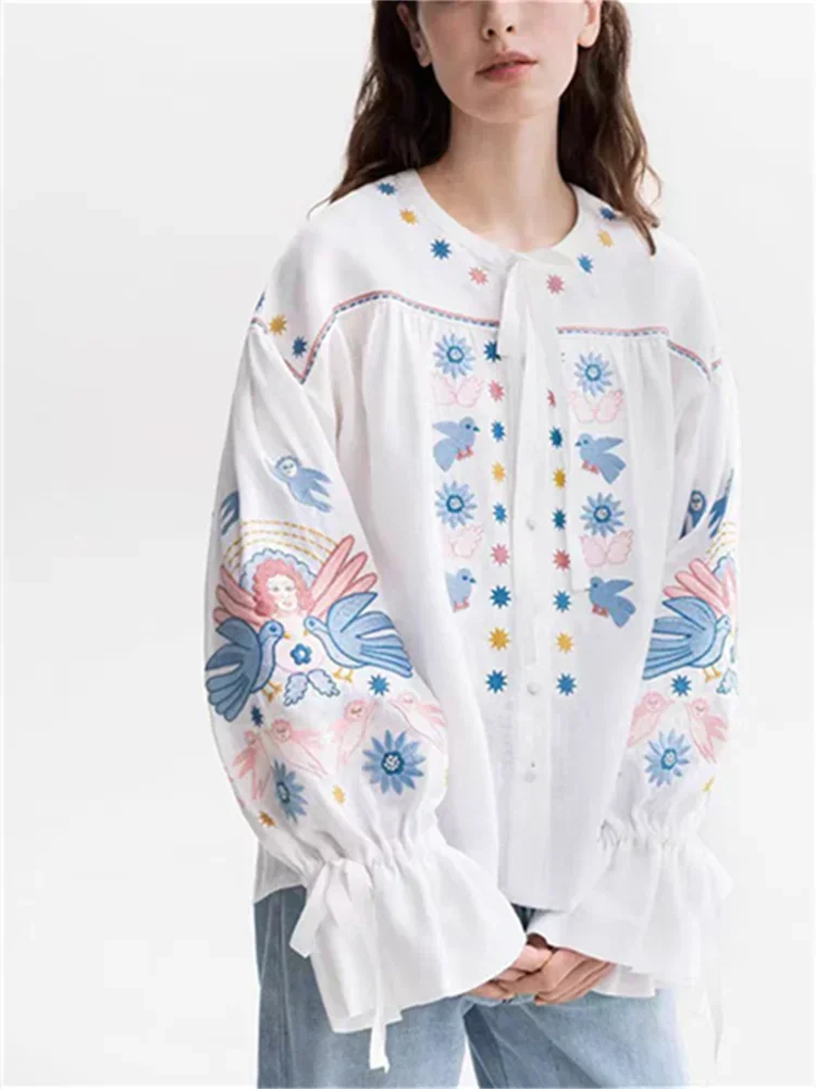 Angel Flowers and Birds Embroidery Women's French Shirt New Autumn O-Neck Lace Up Lantern Sleeve Loose Blouse for Ladies