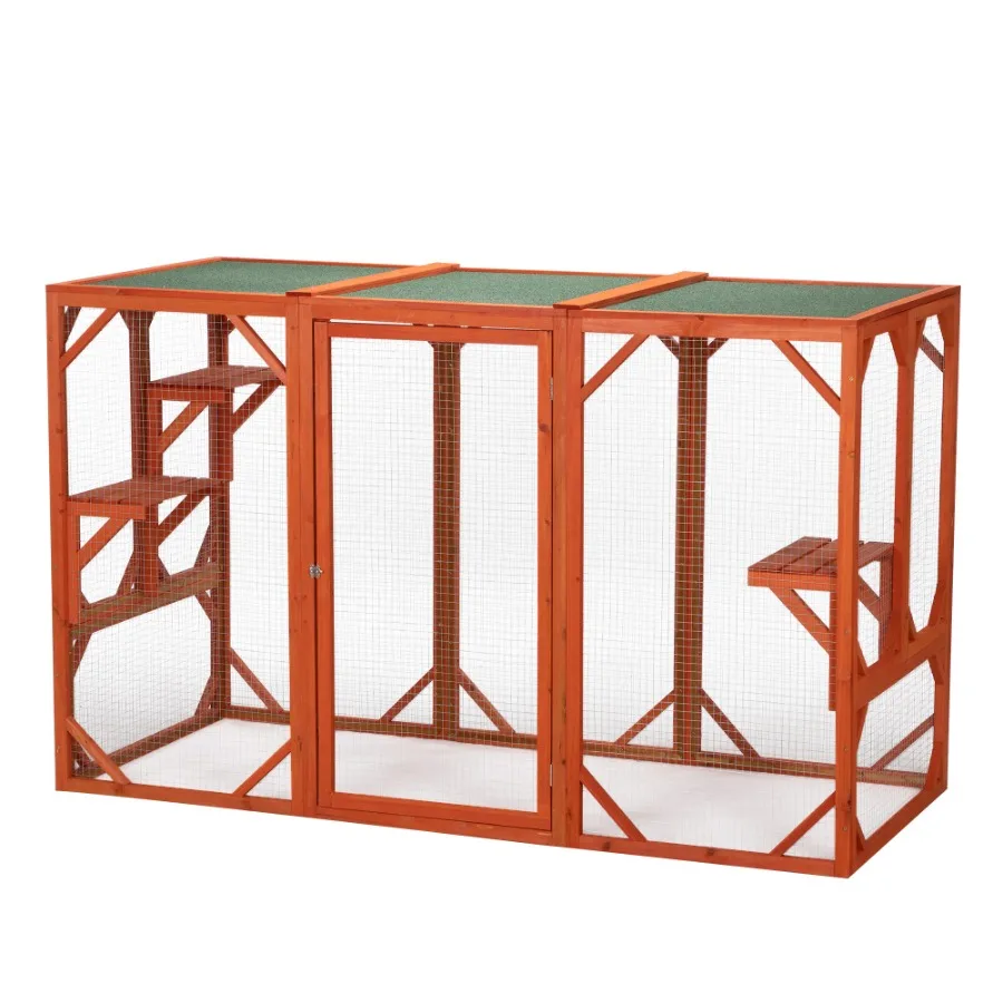 Wooden Cat House Outdoor Cage Waterproof Asphalt Planks Cat Perches Orange