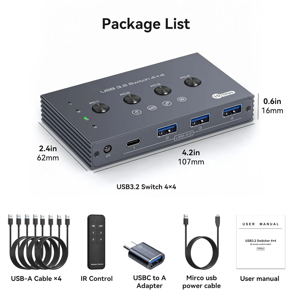 Navceker 10Gbps USB 3.2 Switch 4 Computers Share 4 Peripherals 4 Port USB 3.2 Sw