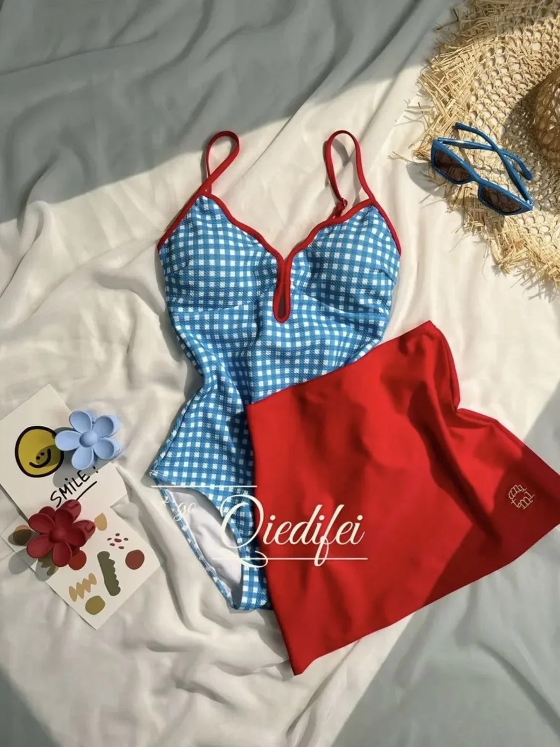 bikini and red skirt
