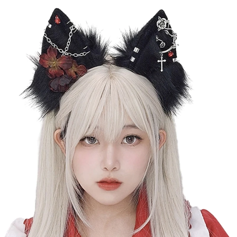 

Cosplay Wolf Cat Ear Hairband with Flower Woman Teens Headband for Movie Enthusiasts Anime Theme Gatherings Hairband