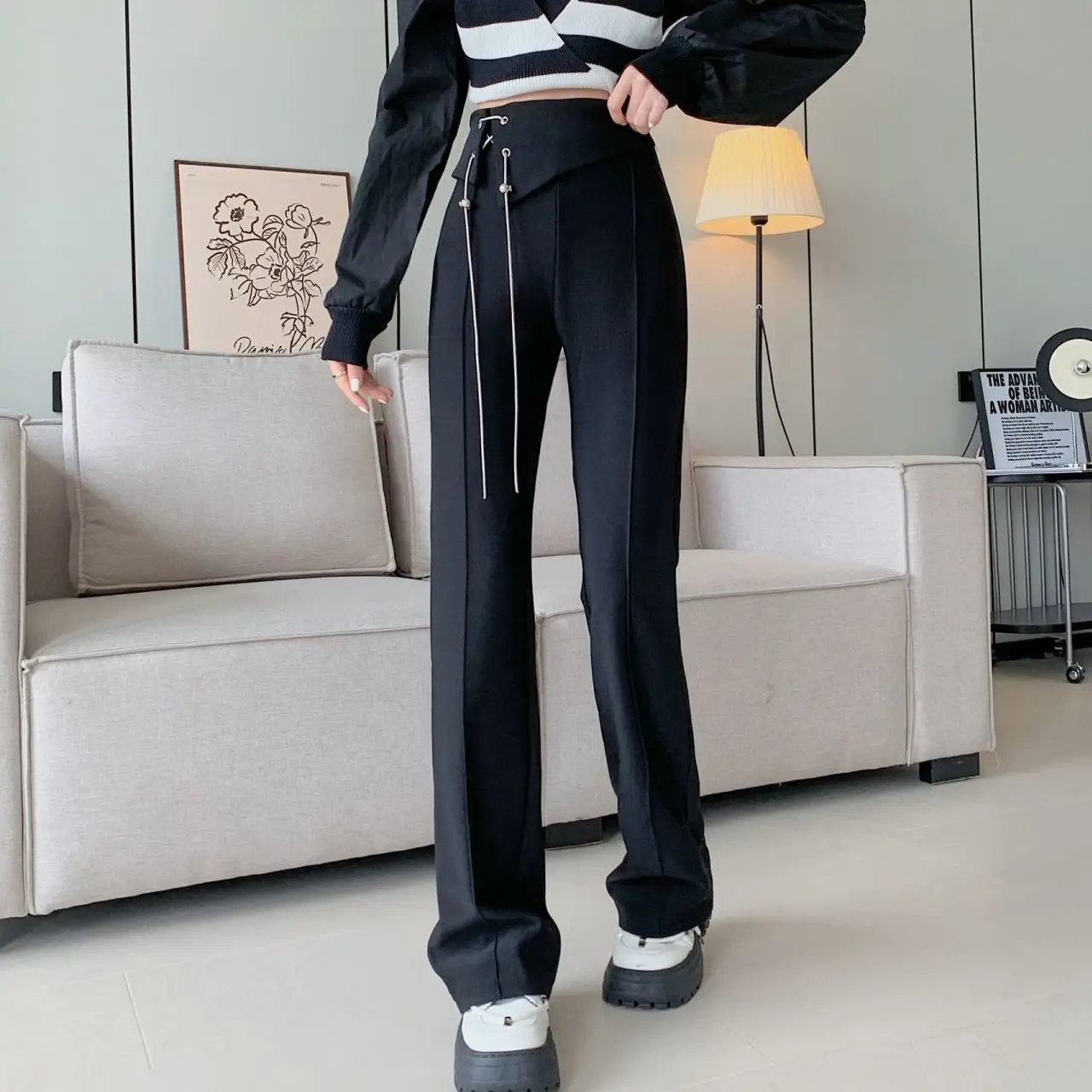 Black Flared Pants for Petite Women with a High Waist and Slimming Effect Elastic Waisted Casual Elastic Micro Flared Pants 3