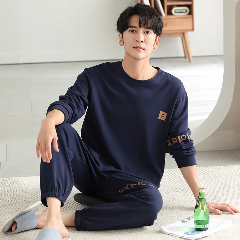 Men Autumn Winter 100% Pure Cotton Pullover Pajamas Suit Sleepwear Male Spring Plus Size Loungewear Set Gentlemen pajama sets