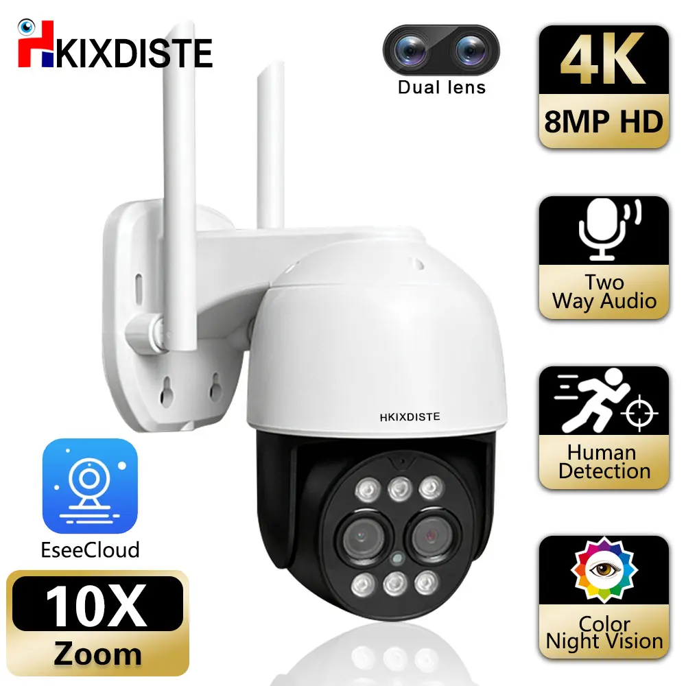 Telecamera Wifi Da 8Mp Ptz Dual Lens Zoom Digitale 10X Outdoor 4K Ai Humanoid Auto Tracking Zoom Audio Bidirezionale 4Mp + 4Mp Telecamera Di Sicurezza
