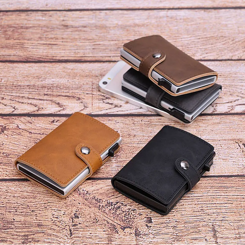 Blocking Vintage Men Credit Card Holder Aluminum Alloy Business ID Card Case Automatic Male Metal Leather Cardholder Wallet 2021
