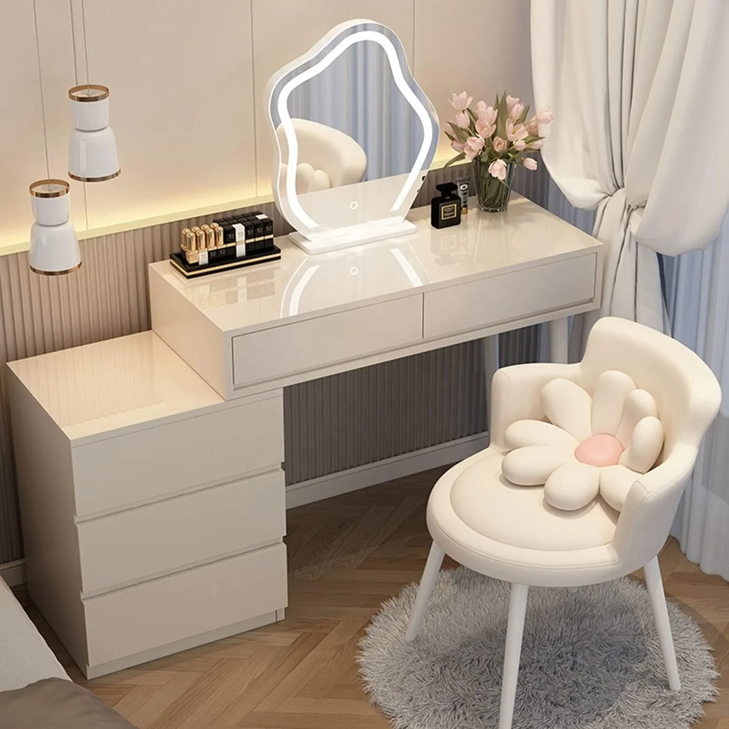 

Nordic Modern Apartment Bedroom Slate Top Dresser Tables With Led Mirror White Make Up Vanity Table + Round Stool