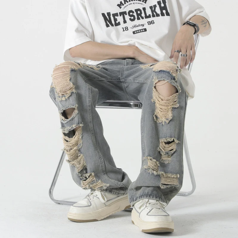 

TFETTERS Summer 2023 Ripped Jeans Men Solid Color Retro Mid Waist Straight Fashion Men Jeans Baggy Streetwear Daily Men Clothing