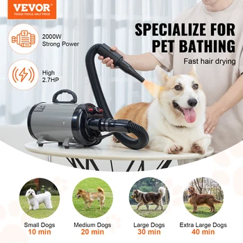 VEVOR 2000W/2.7HP Dog Blow Dryer Adjustable Speed Temperature Control with 4 Nozzles and Extendable Hose for Pet Hair Grooming 2