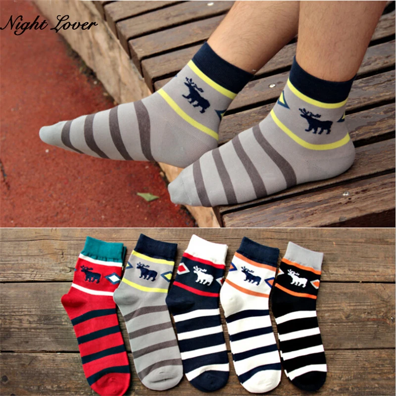 

Fashion Men Cotton Socks Set 5Pairs Colorful Deer Stripe Sports Socks Man's Male Funny Animal Socks Christmas Gift