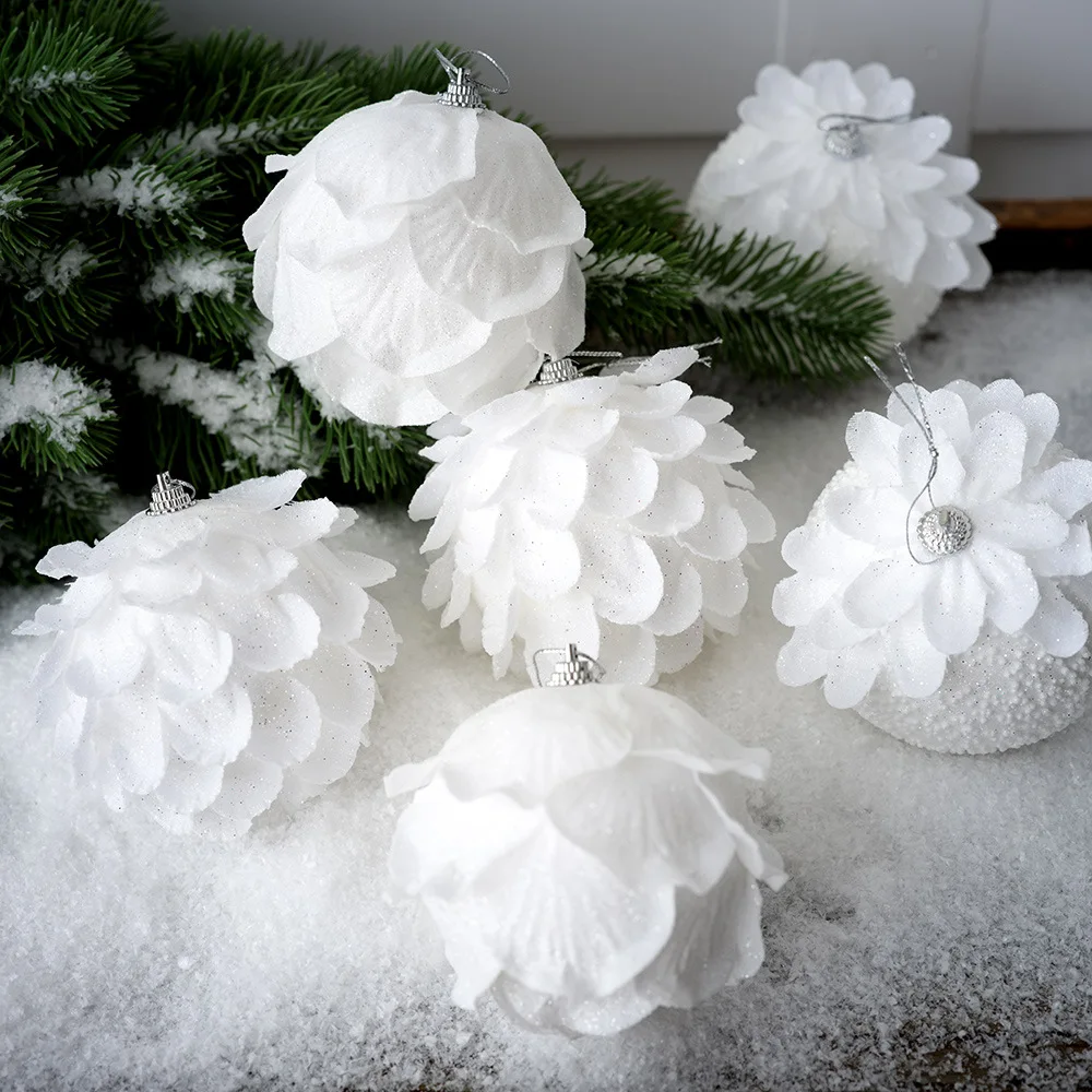 3PCS 8CM Christmas Tree Decoration Pendant Christmas Ball White Flower Petal Glitter Foam Ball Decoration Xmas Ornament christmas tree ornaments