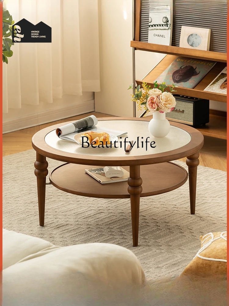

French Entry Lux Retro Solid Wood round Coffee Table Living Room Designer Small Apartment Glass Coffee Table
